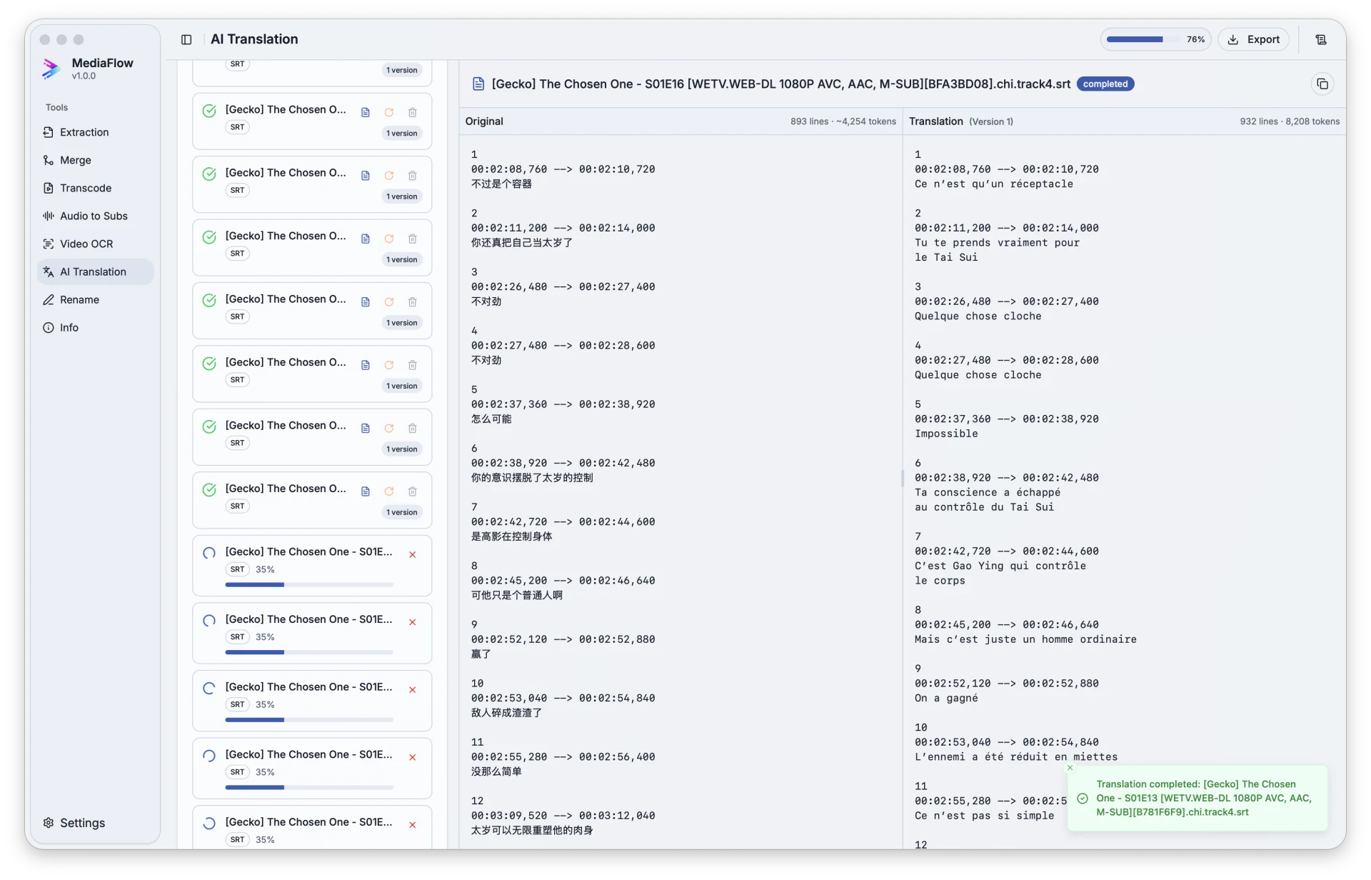 MediaFlow AI Translation workspace showing source and translated subtitles side by side